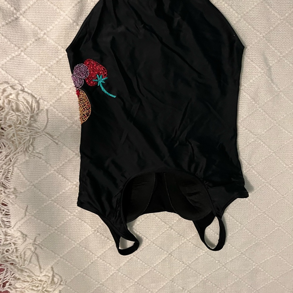 BLACK BATHING SUIT WITH COLORFUL EMBROIDERED FRUIT - Picture 6 of 7